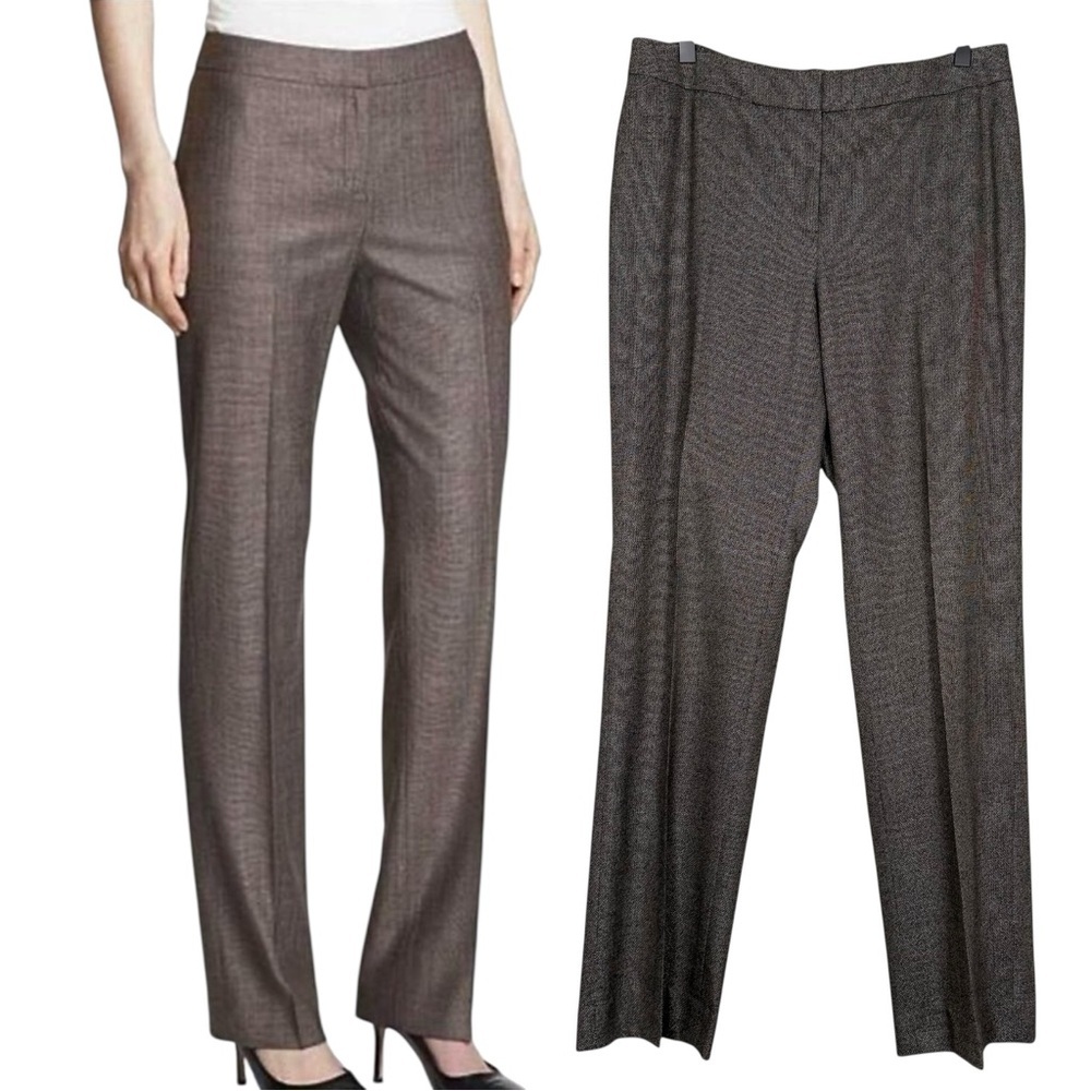 Lafayette 148 Size 8 Barrow Woven Stretch Wool Silk Pleated Pants Gray Brown